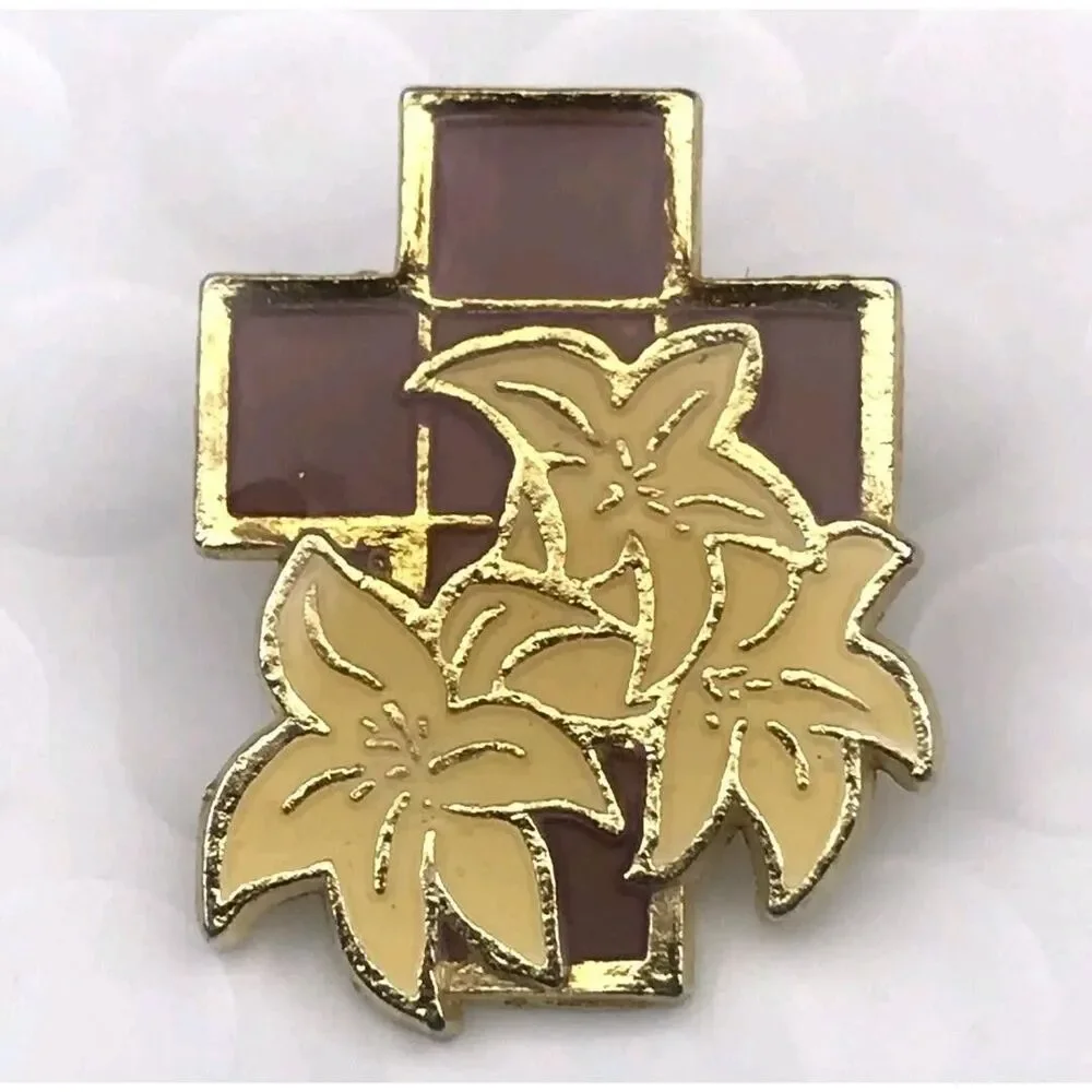 GGI Enamel Pin Gold Toned Religious Easter Lily Cross Enamel Christian Faith